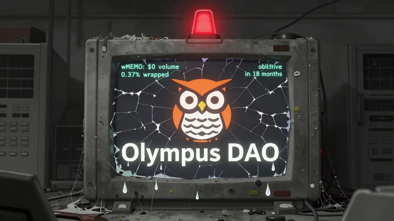 An abandoned blockchain terminal covered in dust, displaying warnings about wMEMO's obsolescence.