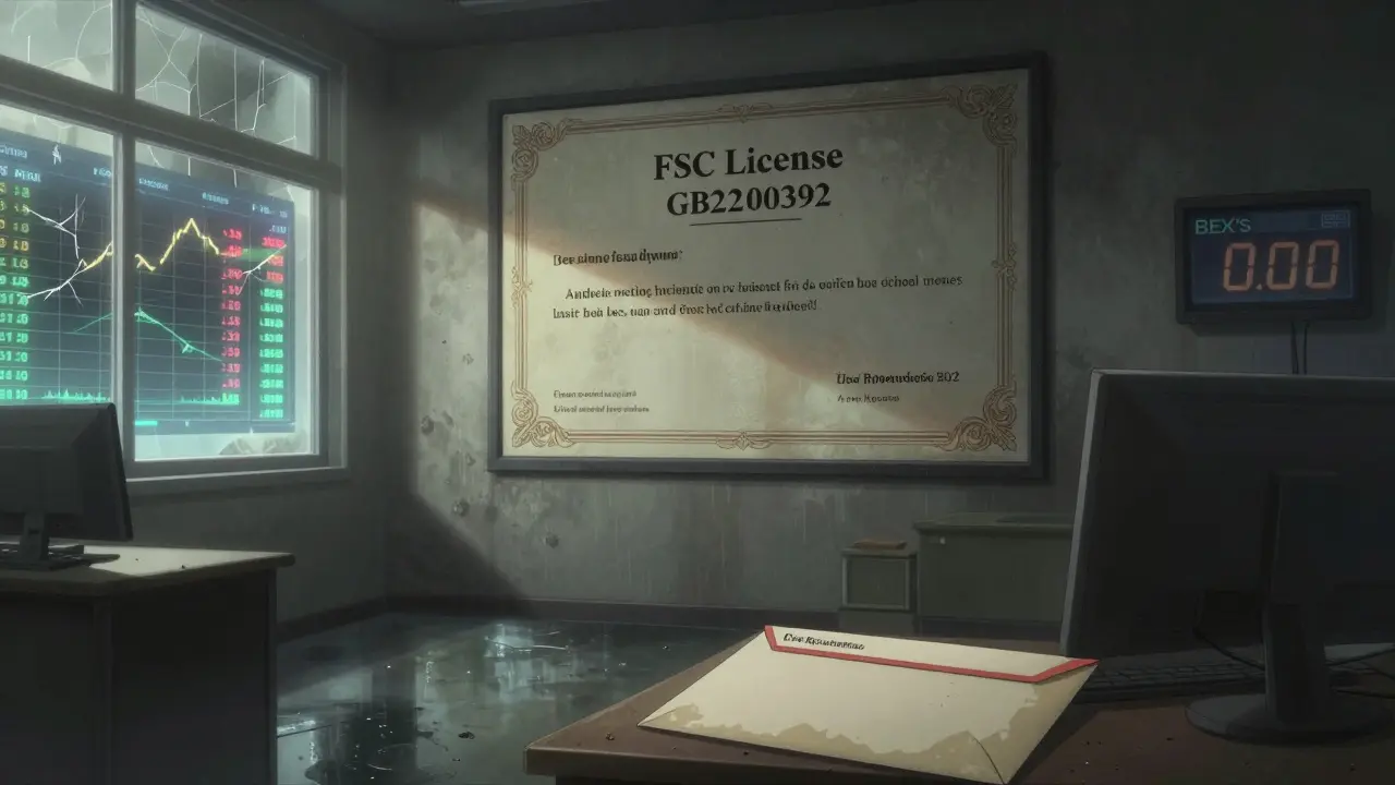 An empty trading floor with a cracked license certificate and a single unopened registration envelope.