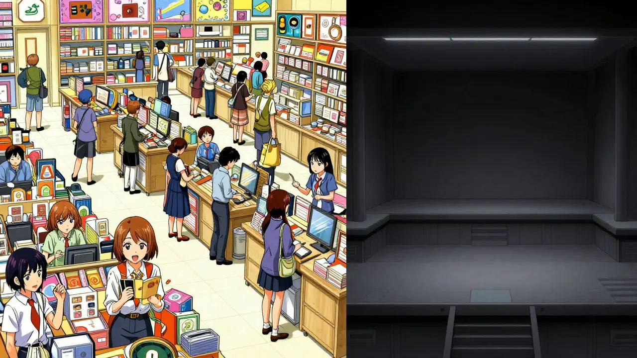 Bustling crypto exchange vs. deserted platform in split scene.