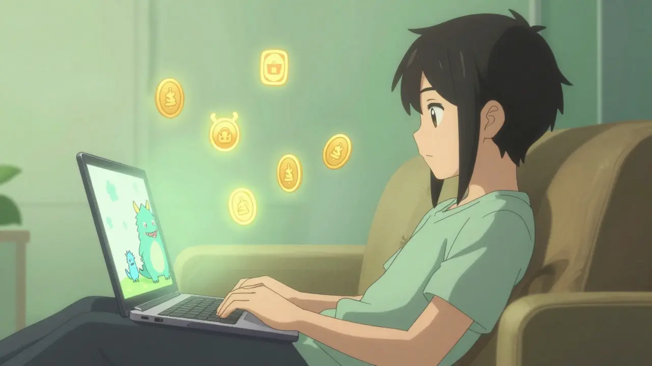 Character resting while digital monsters earn tokens passively in an idle RPG.