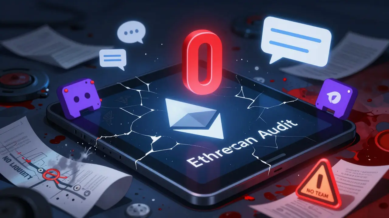 Cracked blockchain tablet with zero volume and abandoned project symbols glowing red.