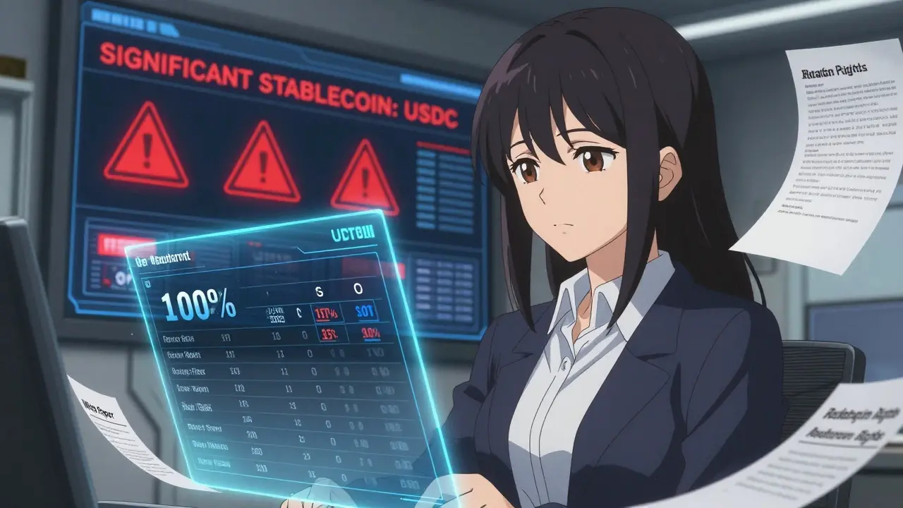 Female trader in EU regulatory office reviewing holographic stablecoin compliance data with USDC flagged as significant.