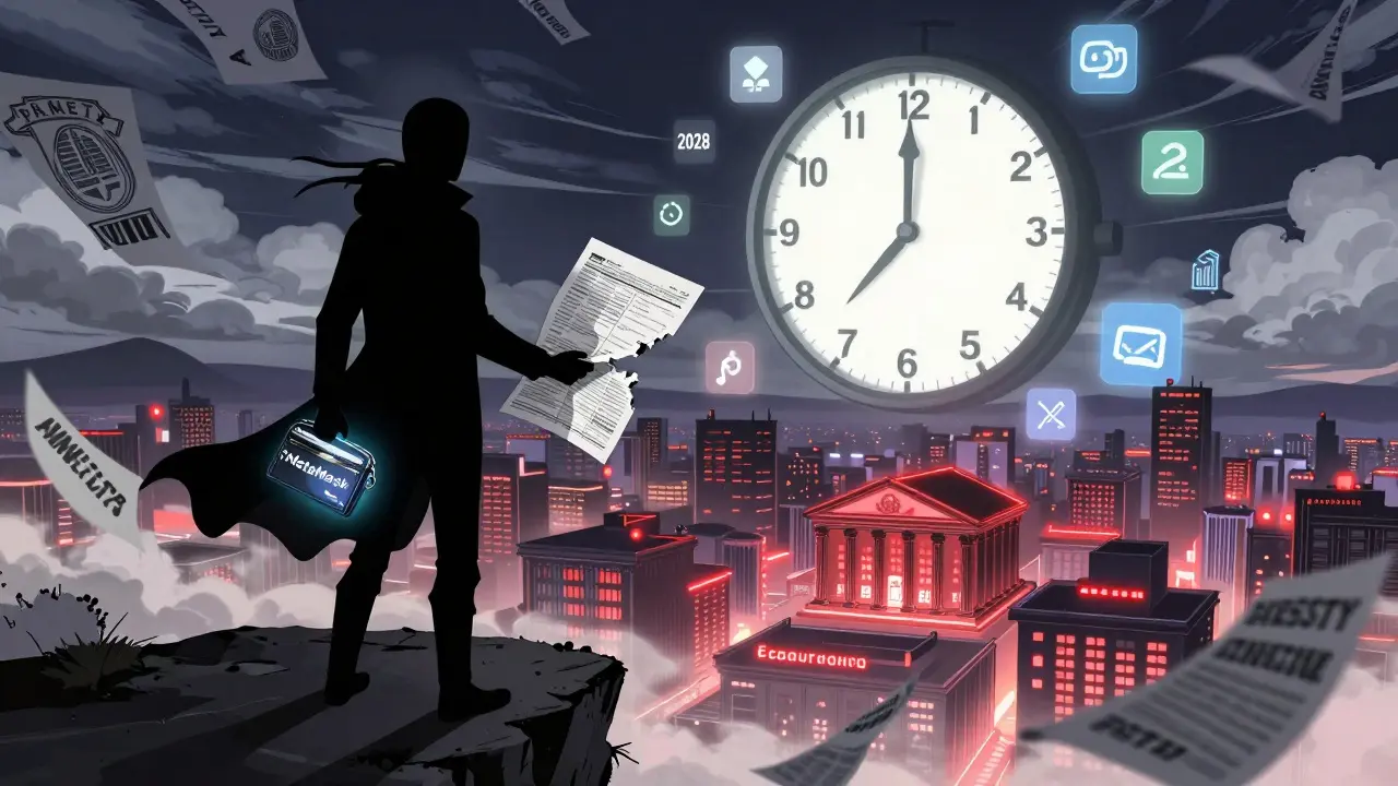 Figure on cliff holding unregulated wallet as glowing tax authorities loom behind, with amnesty papers blowing toward them.