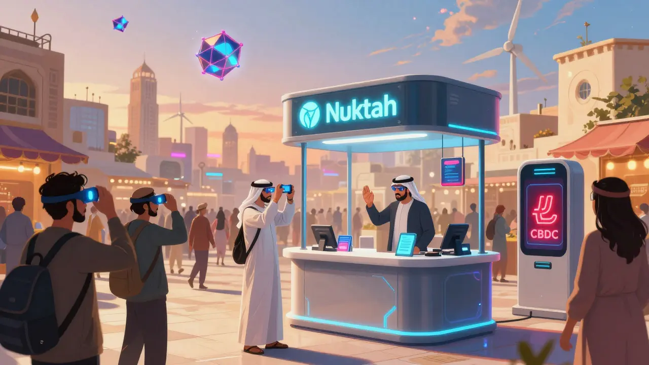 Futuristic Riyadh marketplace with people trading NFTs via AR glasses, Nuqtah kiosk and CBDC terminal in background.