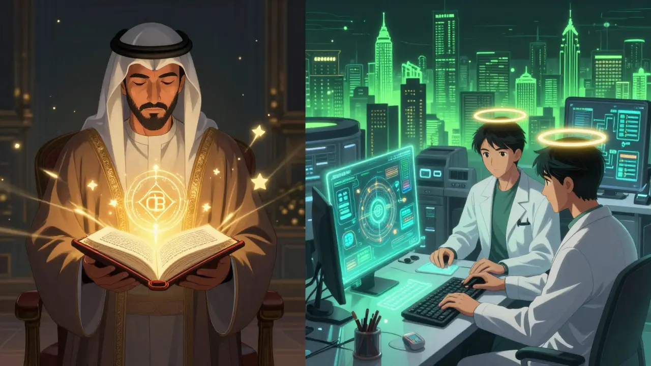 Islamic scholar beside blockchain diagram with glowing fatwa scroll, engineers monitoring mBridge system in futuristic lab.