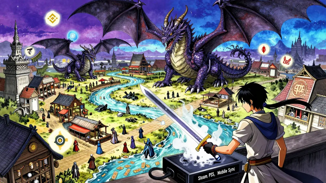 Players trade gear and ride token-dragons in a vibrant MMORPG world synced across PC, console, and mobile.
