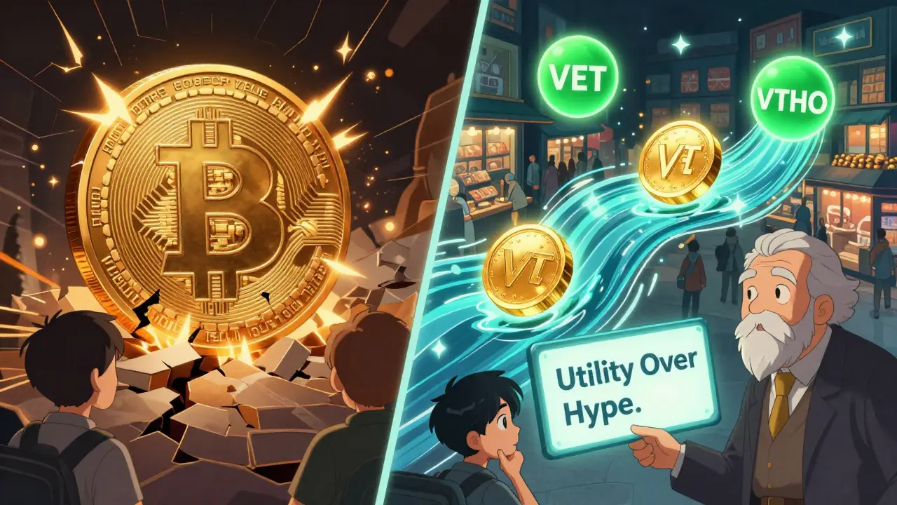 Split manga panel comparing Bitcoin's transaction strain to VeChain's smooth dual-token system with a confused new user.