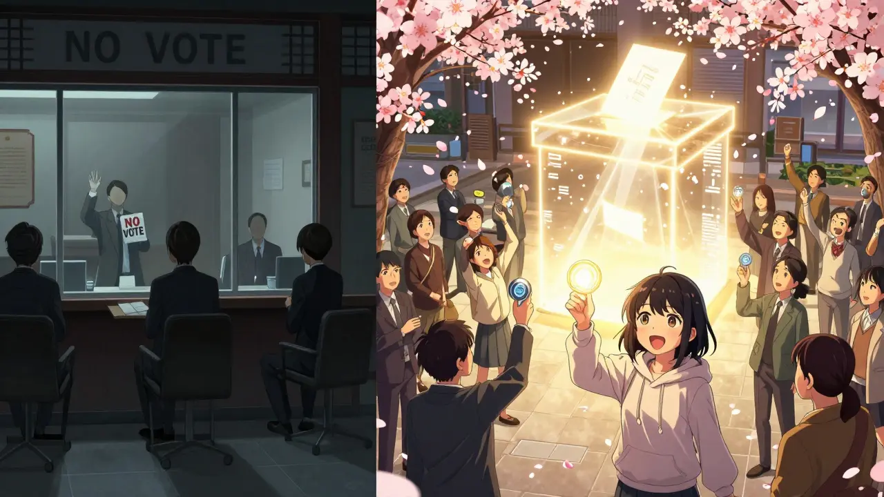 Split scene: dark traditional bank vs. vibrant digital plaza where people hold governance tokens, symbolizing decentralized power.