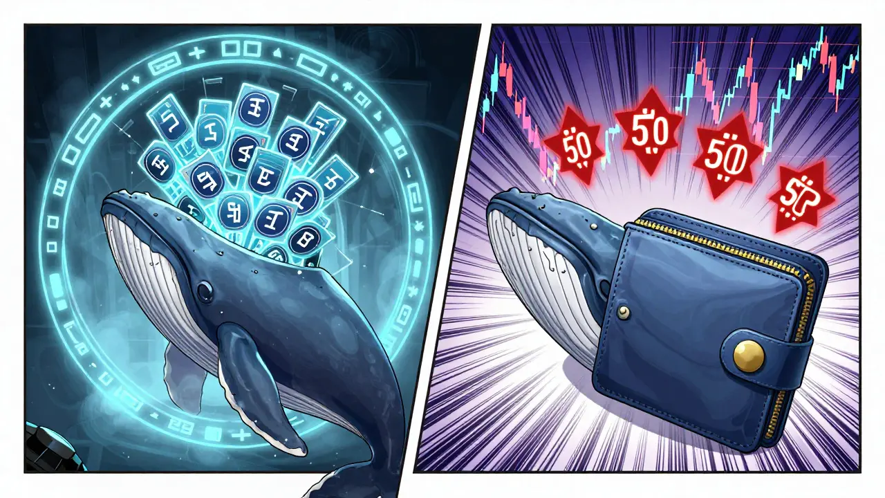 Split scene: whale withdrawing coins to cold storage vs. spreading them across exchanges.