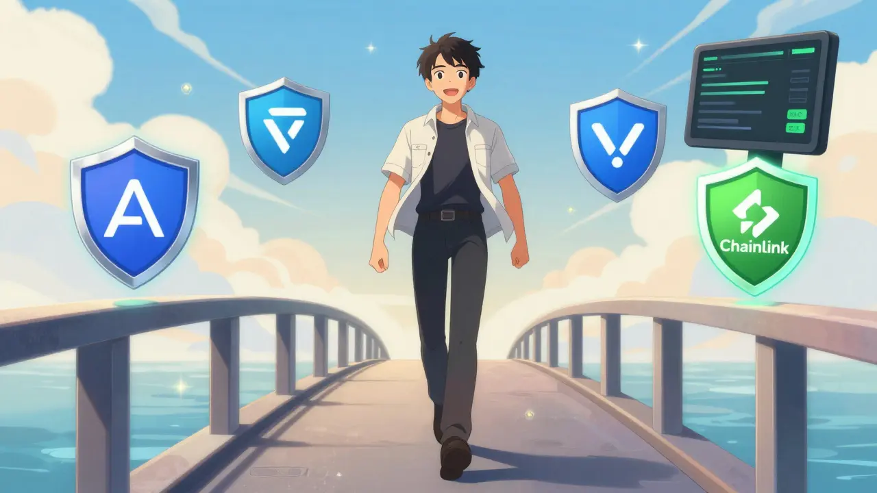 Three security-first bridges with shields, user crossing safely