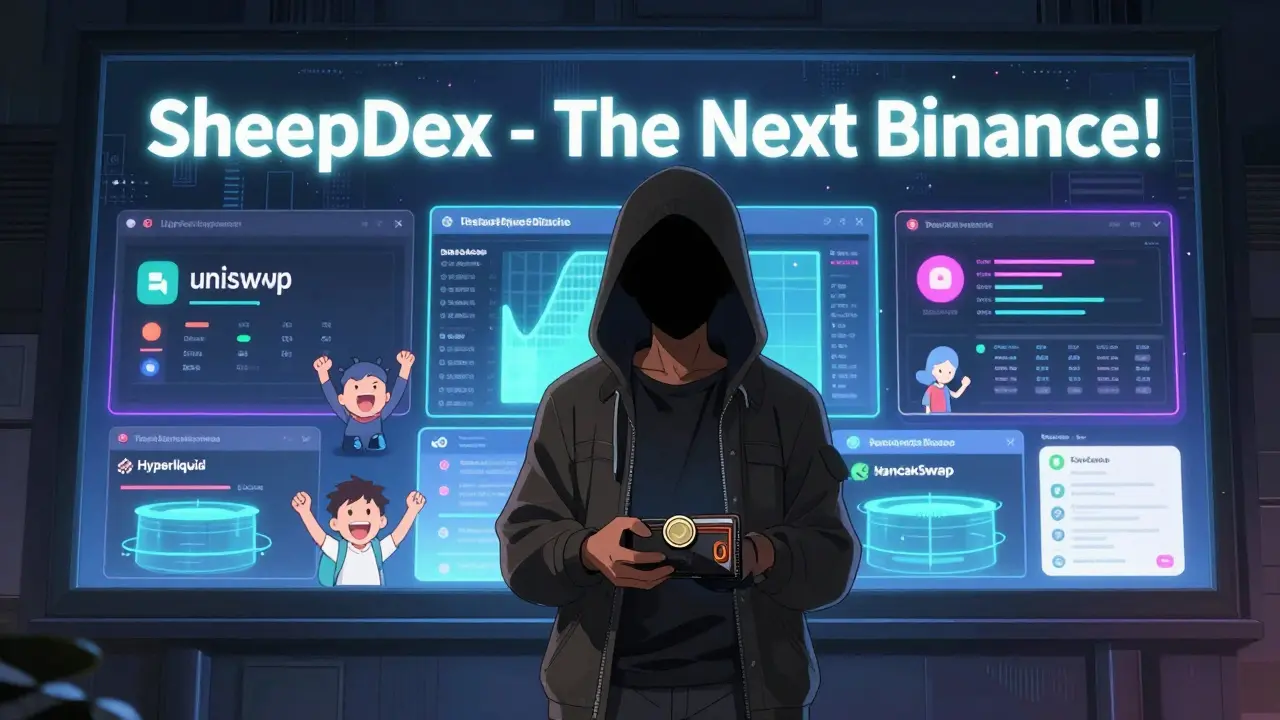 Trader facing a fake SheepDex billboard while real DEXs shine brightly in the background.