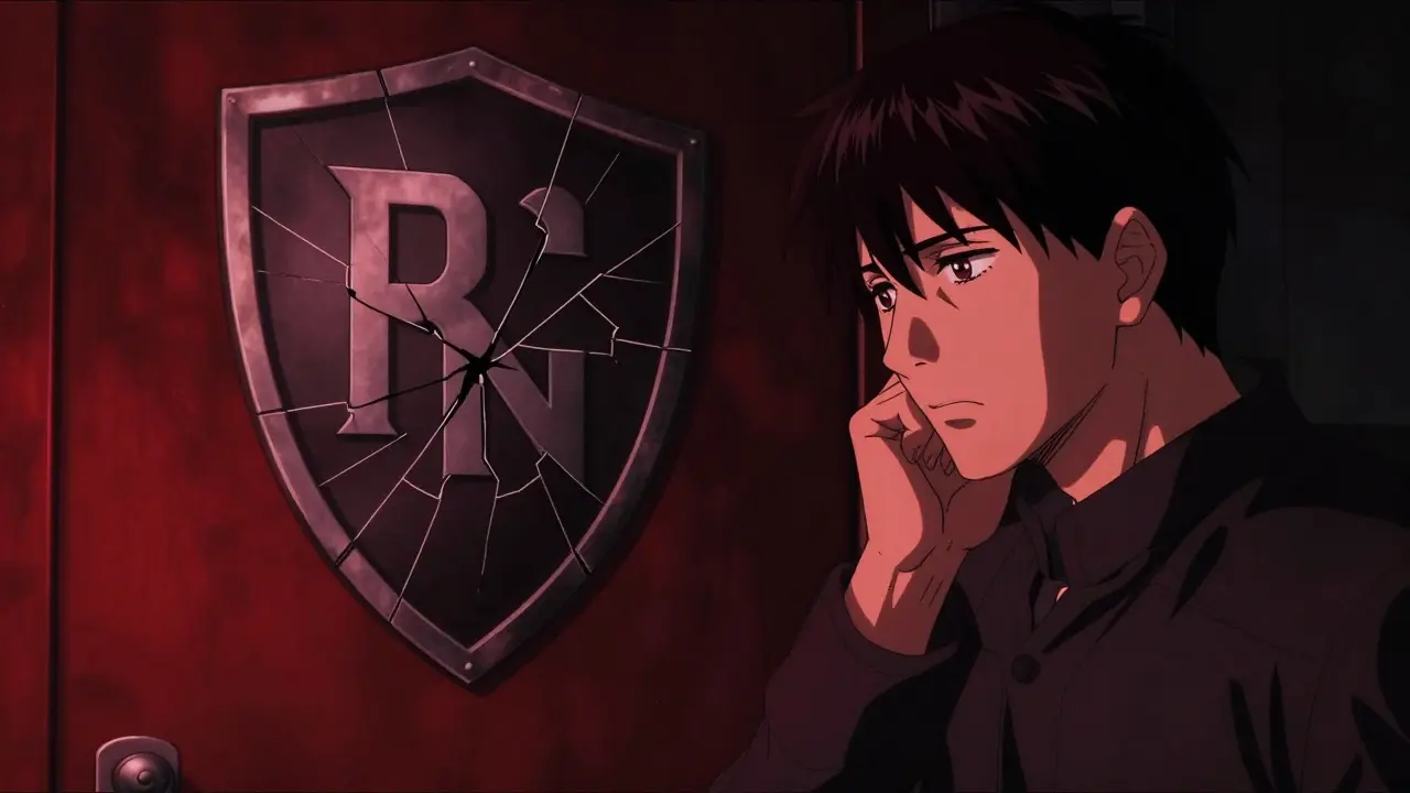 Trader hesitating before a cracked security shield emblem.