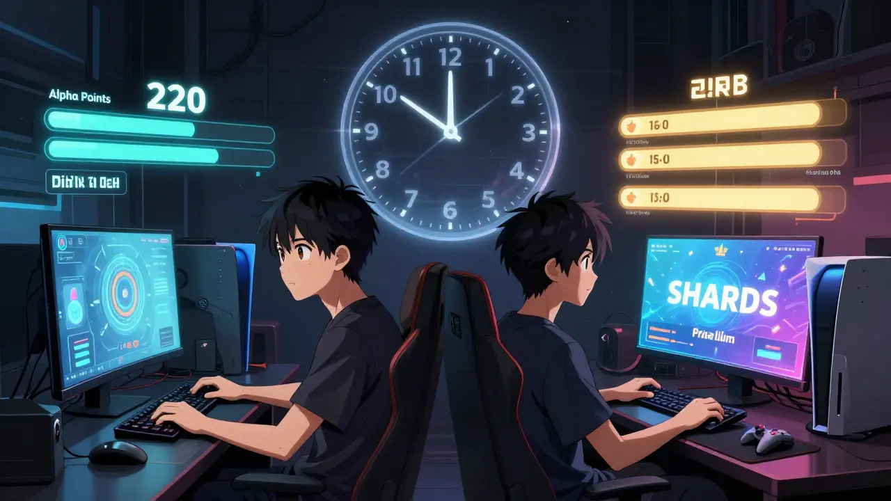 Two gamers watch holographic dashboards showing point thresholds and prize pools filling in real time.