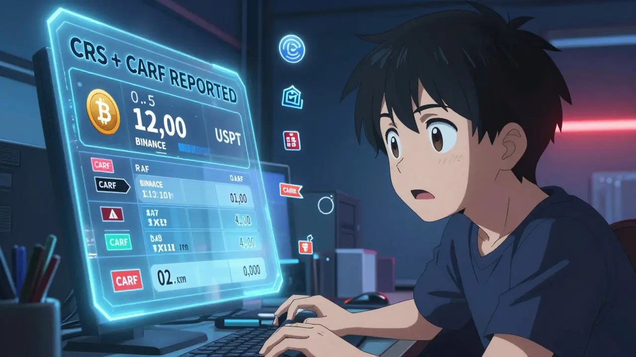 Young person shocked by holographic crypto transaction report showing CRS and CARF data from regulated exchanges.