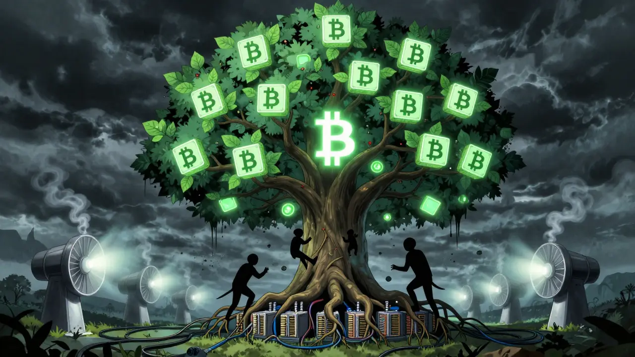 A blockchain tree powered by miners, with shadowy Sybil clones dissolving upon contact.