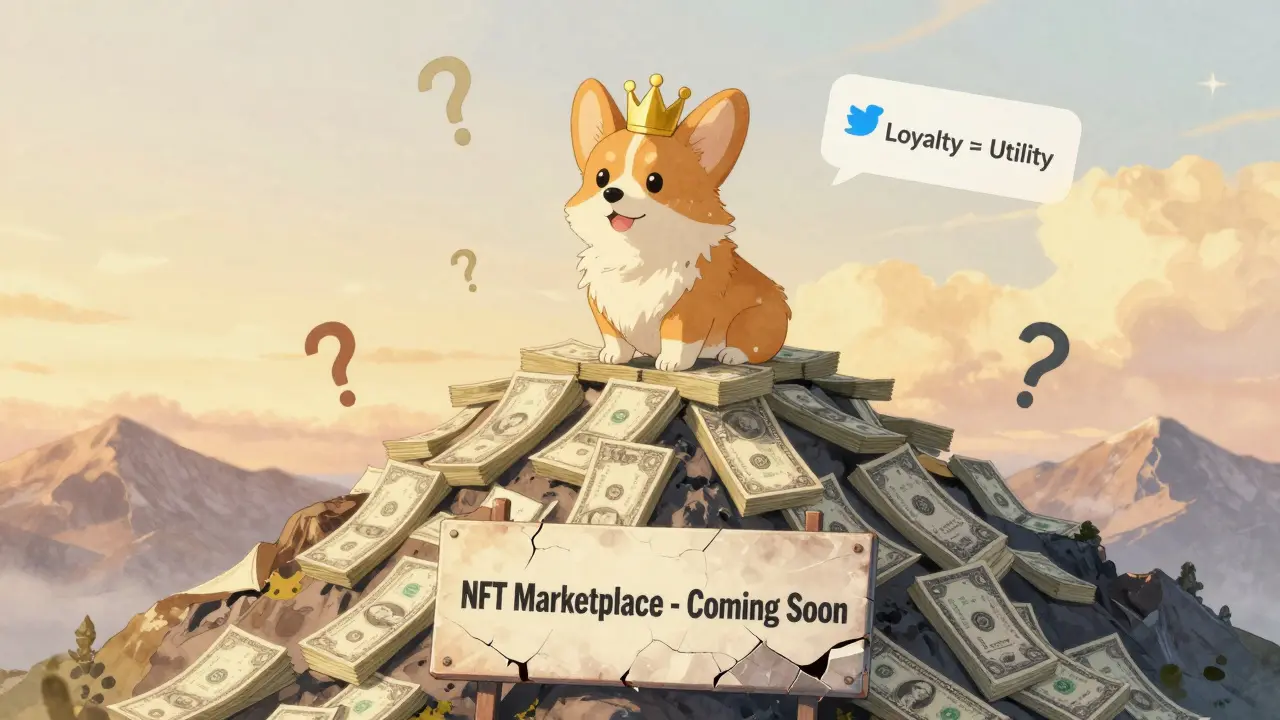 A corgi on a mountain of cash with a broken NFT marketplace sign, manga style.