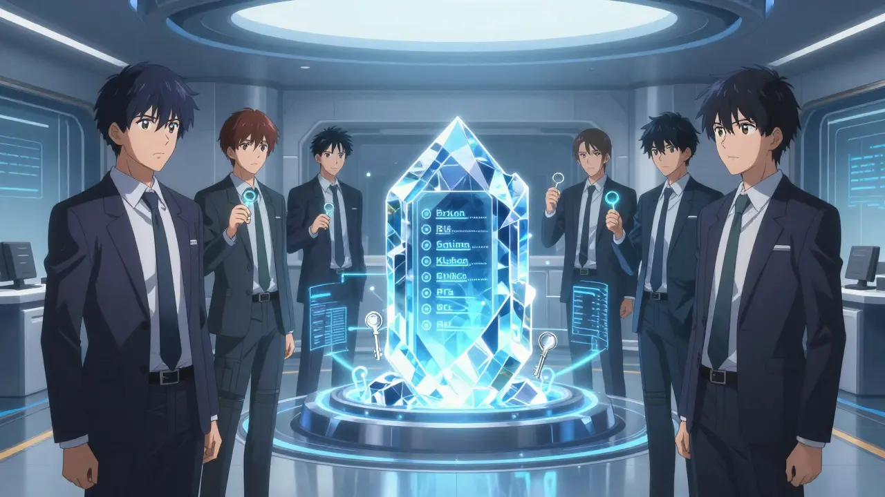 A corporate private ledger guarded by figures in suits, surrounded by blue holographic data streams.