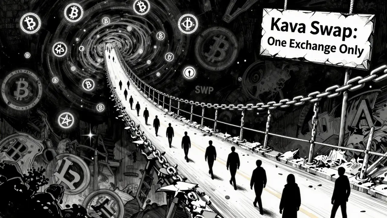 A crumbling digital bridge carries only two tokens, while other protocols walk safely across a bright highway.