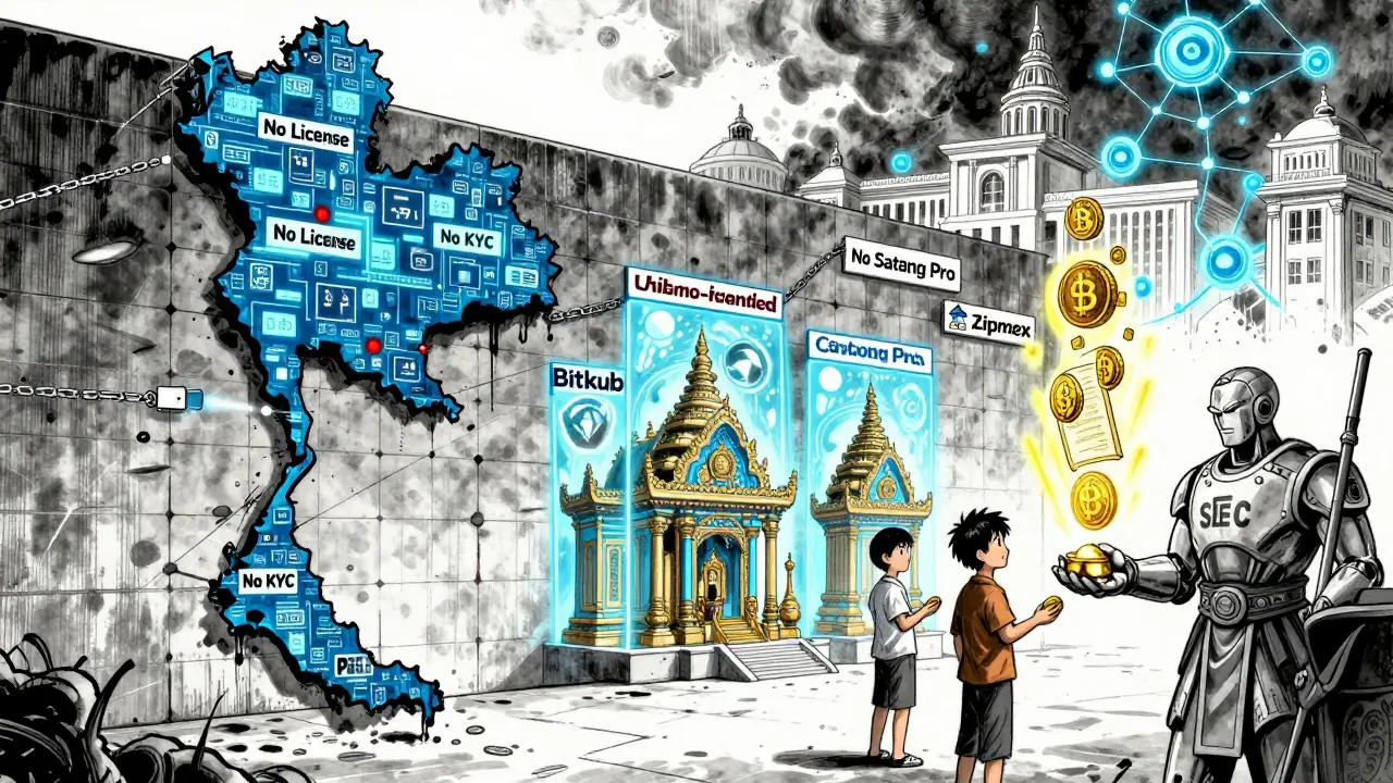 A digital wall blocks foreign crypto platforms while Thai-licensed exchanges glow with government-backed G-Tokens.