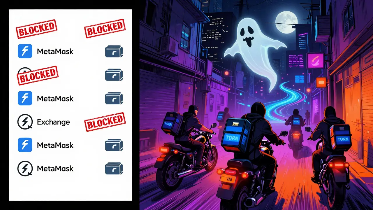 A divided city: one side blocked by sanctions, the other thriving with hidden Tornado Cash users in a neon alley.