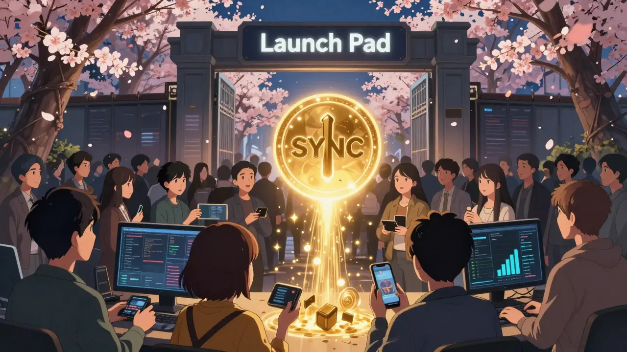 A glowing SYNC token above users, with golden trade particles flowing toward it from a Launch Pad gate.