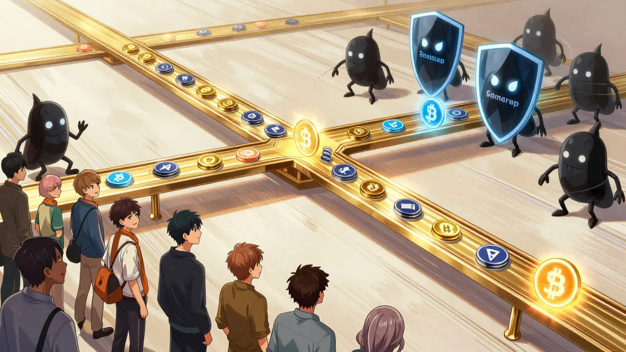 A golden bridge linking blockchain mempools, with spam bots repelled by pruning shields as users celebrate instant confirmations.