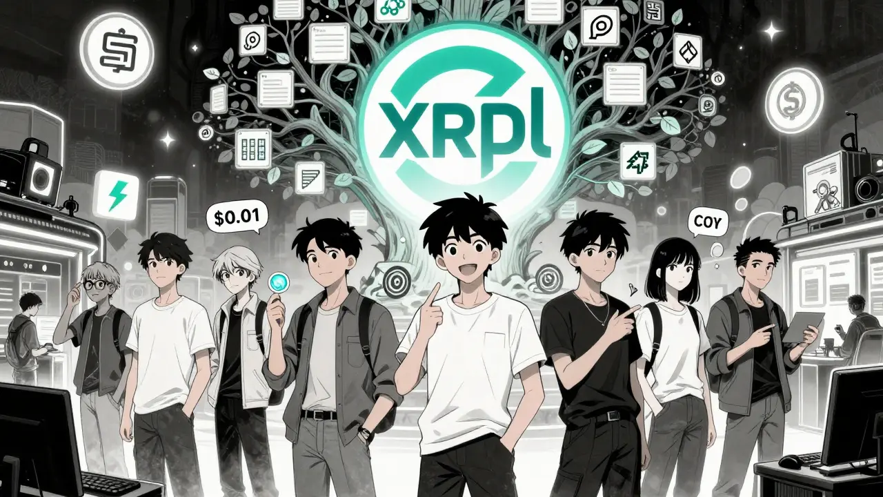 A group of users trading tokenized assets in a floating digital marketplace under the XRPL logo.