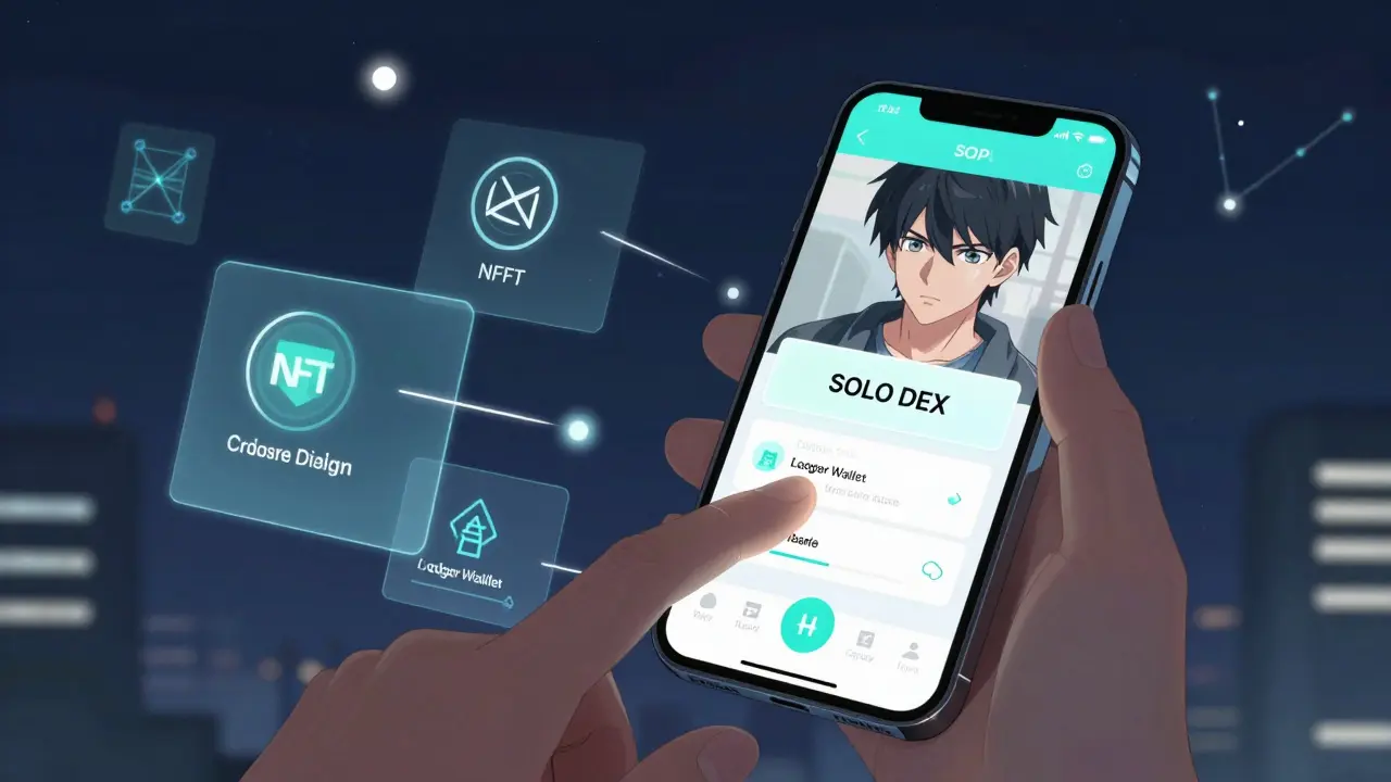 A hand connecting a Ledger wallet to a smartphone showing the SOLO DEX app with digital transaction streams around it.