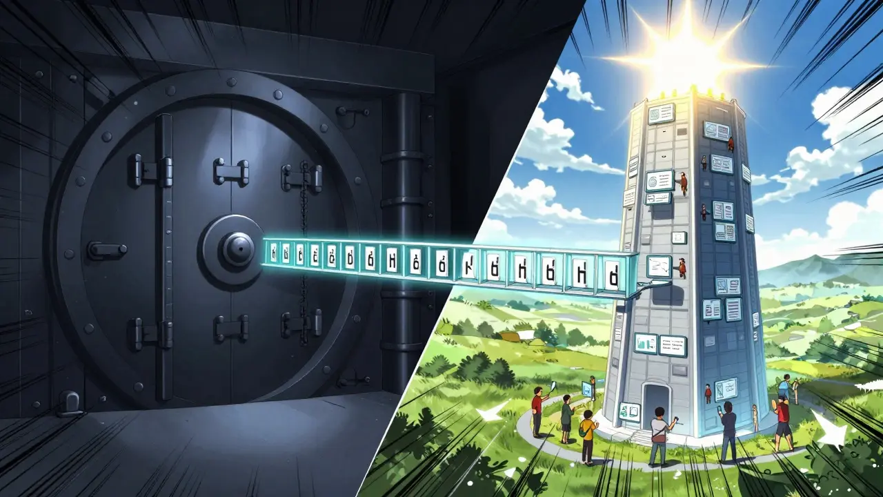 A hybrid ledger split between a private vault and public blockchain tower, connected by a glowing bridge.