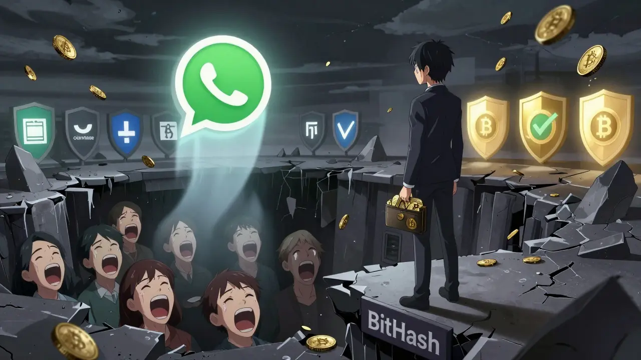 A lone figure stands on a crumbling exchange platform as WhatsApp ghosts float above, while others fall into an abyss of lost funds.