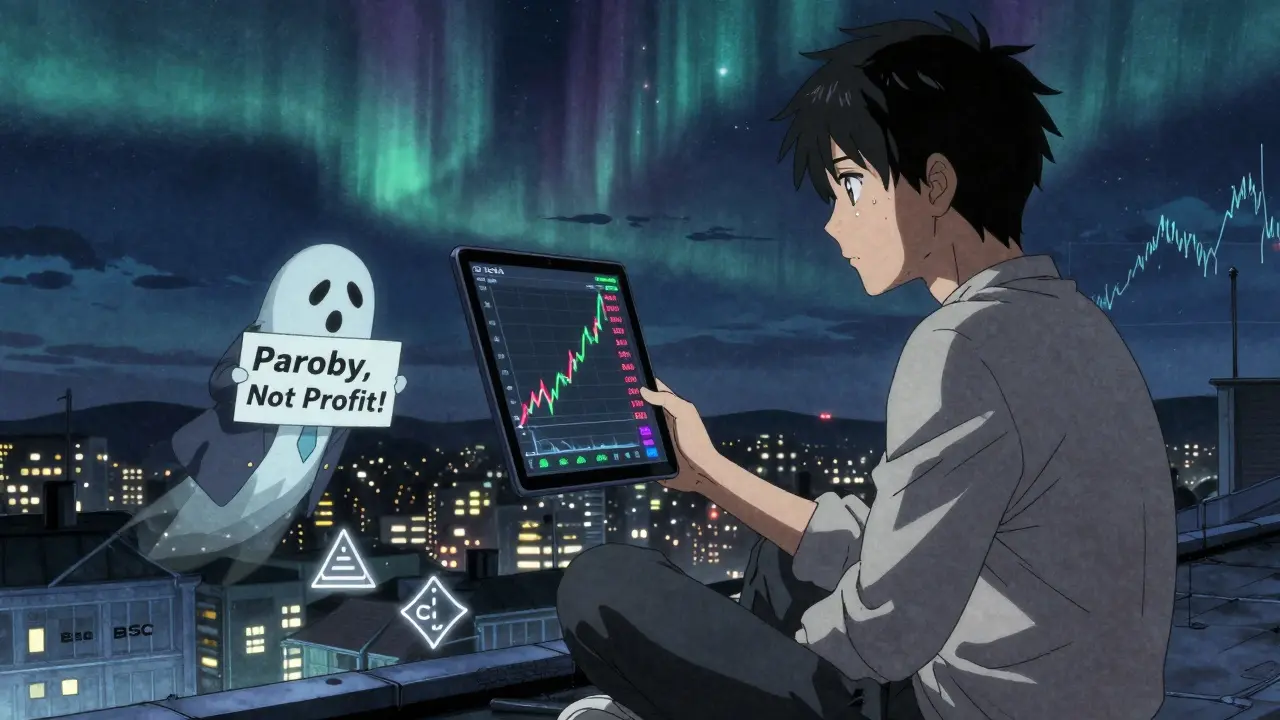 A lone holder on a rooftop watching a crashing ZHOA price chart with a ghostly CZ beside him.