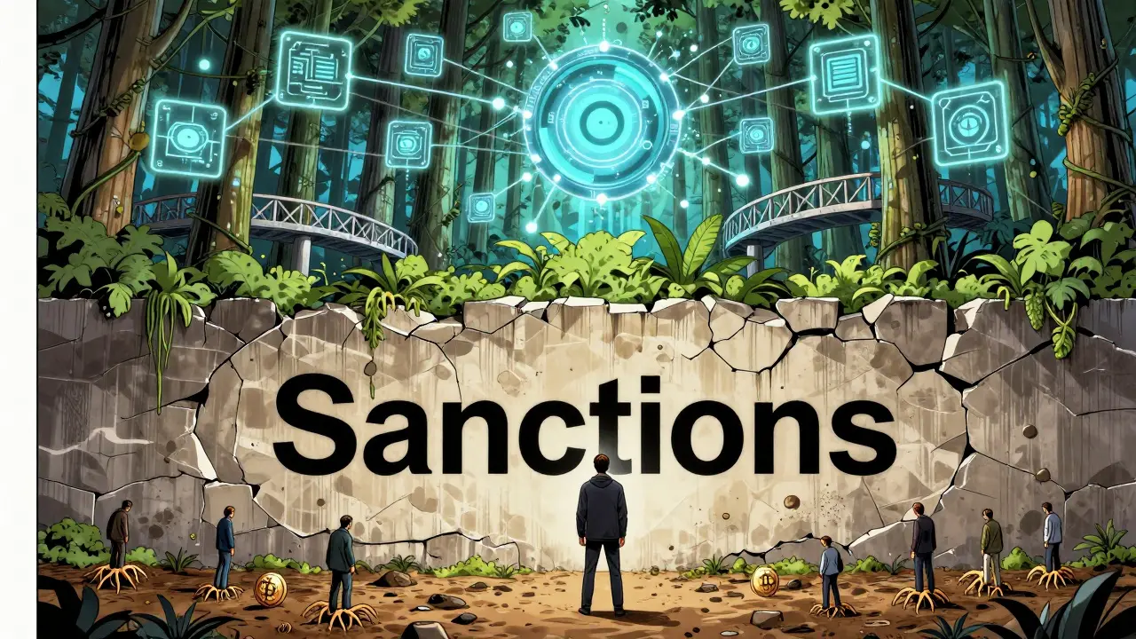 A regulatory agent facing a crumbling sanctions wall, while a wild blockchain forest of smart contracts grows behind, symbolizing evolving evasion.
