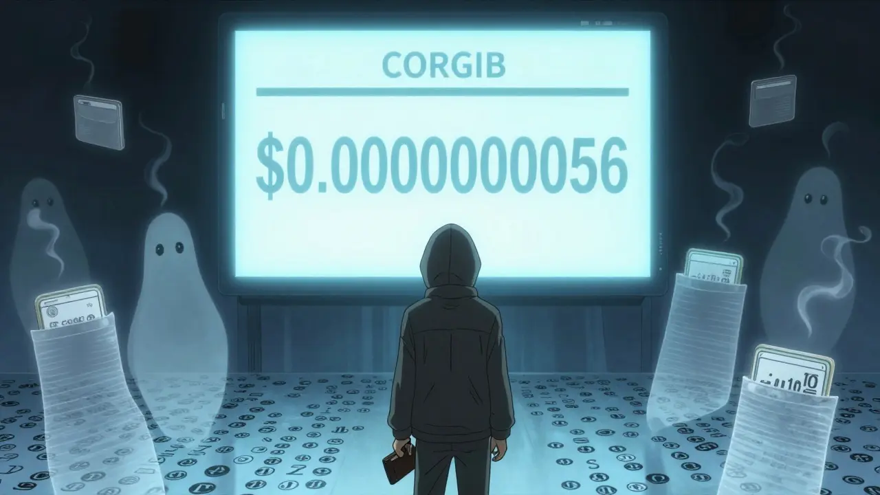 A trader staring at a near-zero CORGIB price on a screen, surrounded by fading wallets, manga style.