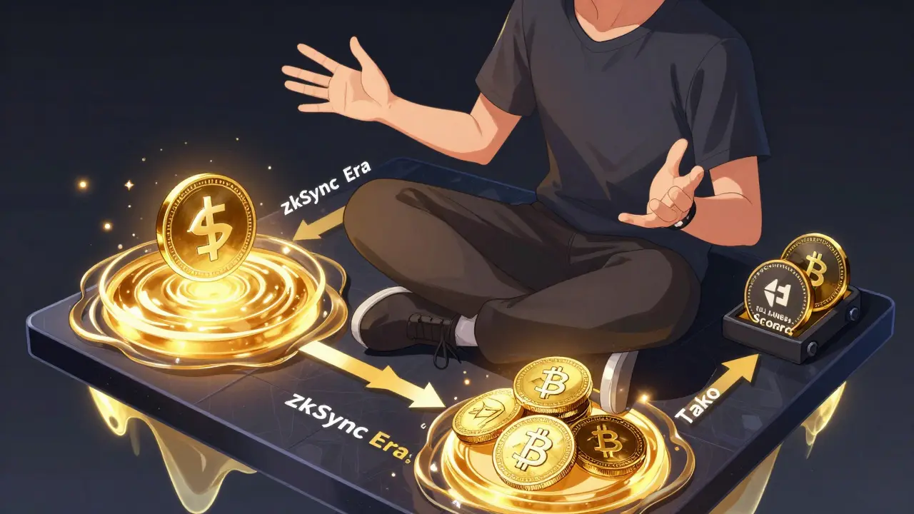 A trader surrounded by shimmering liquidity pools and multi-chain transaction streams on zkSync Era.