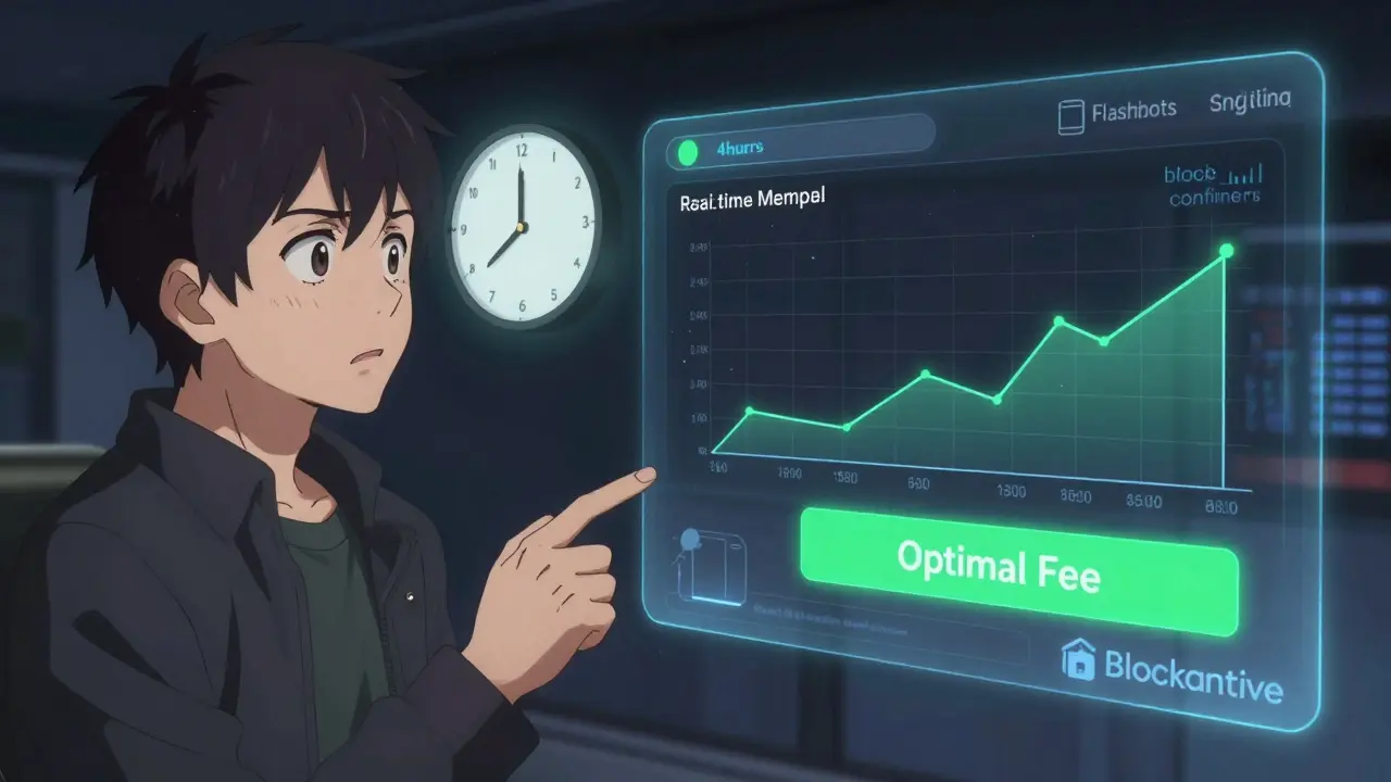 A user watching a stuck transaction while a smart wallet displays real-time mempool data and fee suggestions with holographic analytics.