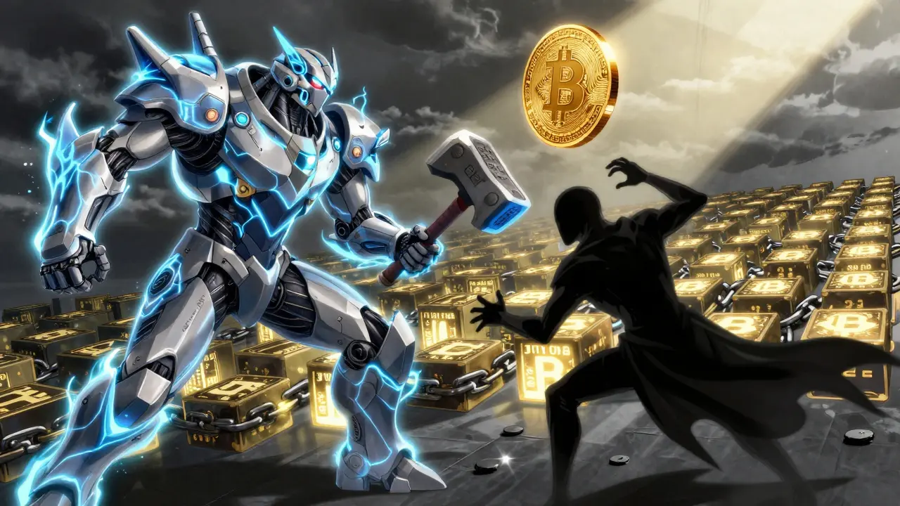 A warrior made of electricity defeats a shadowy double-spend attacker with a Proof of Work hammer.