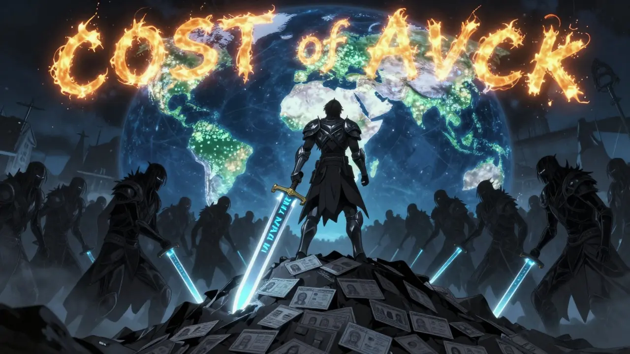 A warrior of Proof of Work defeats endless Sybil entities under a sky of burning dollar signs.