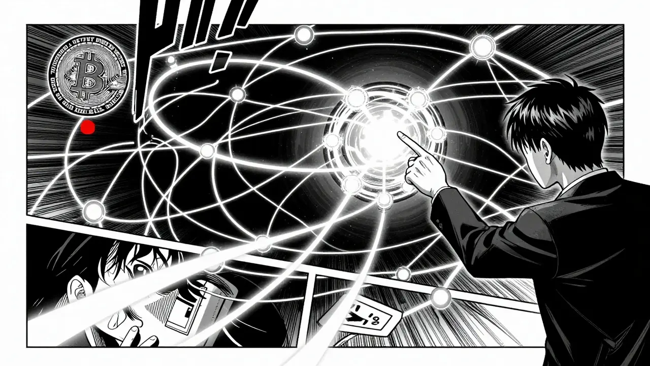 Analyst examining glowing digital network map with connected nodes.