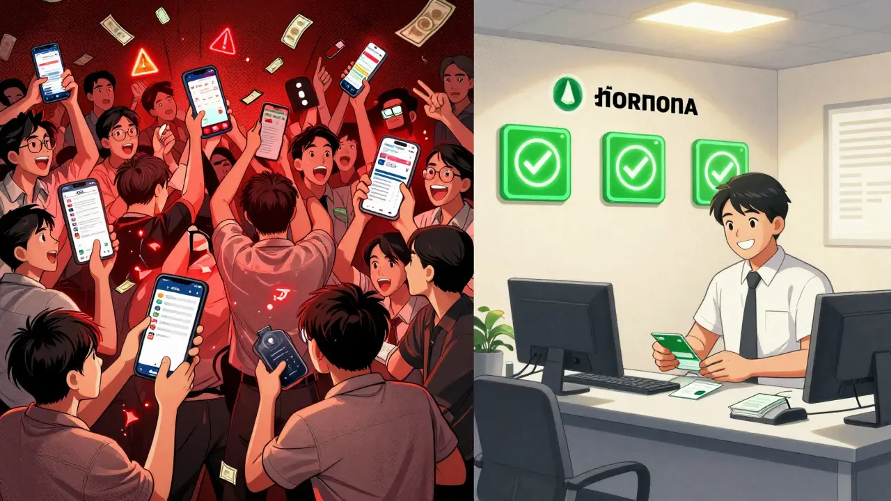 Chaotic scene of users losing crypto vs. calm licensed exchange with Thai baht deposit being processed.