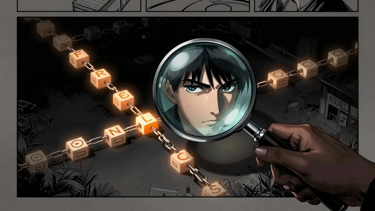 Character inspecting blockchain links with magnifying glass
