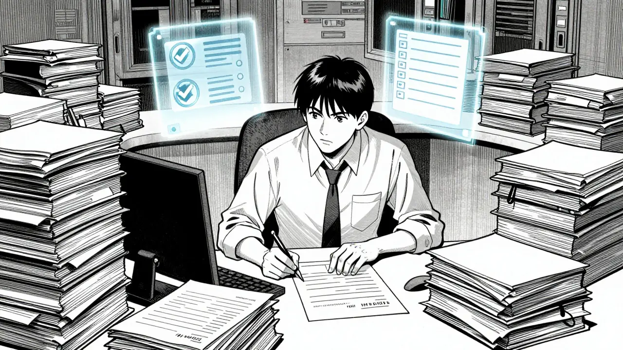 Compliance officer examining business license documentation closely.