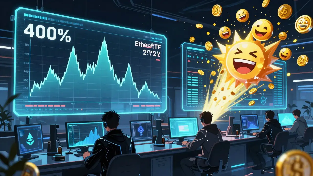 Crypto traders watching emotional waveforms rise and crash on glowing panels during market moves.
