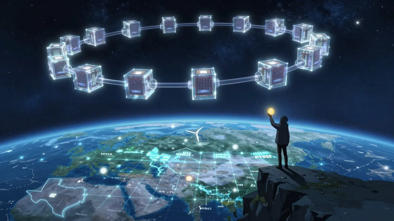 Earth at night with renewable energy-powered mining hubs and a spiraling blockchain above.