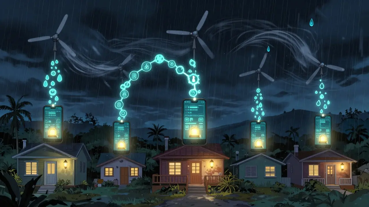 Families in Puerto Rico receive automatic blockchain payouts after a hurricane, with data streams connecting sensors to homes.