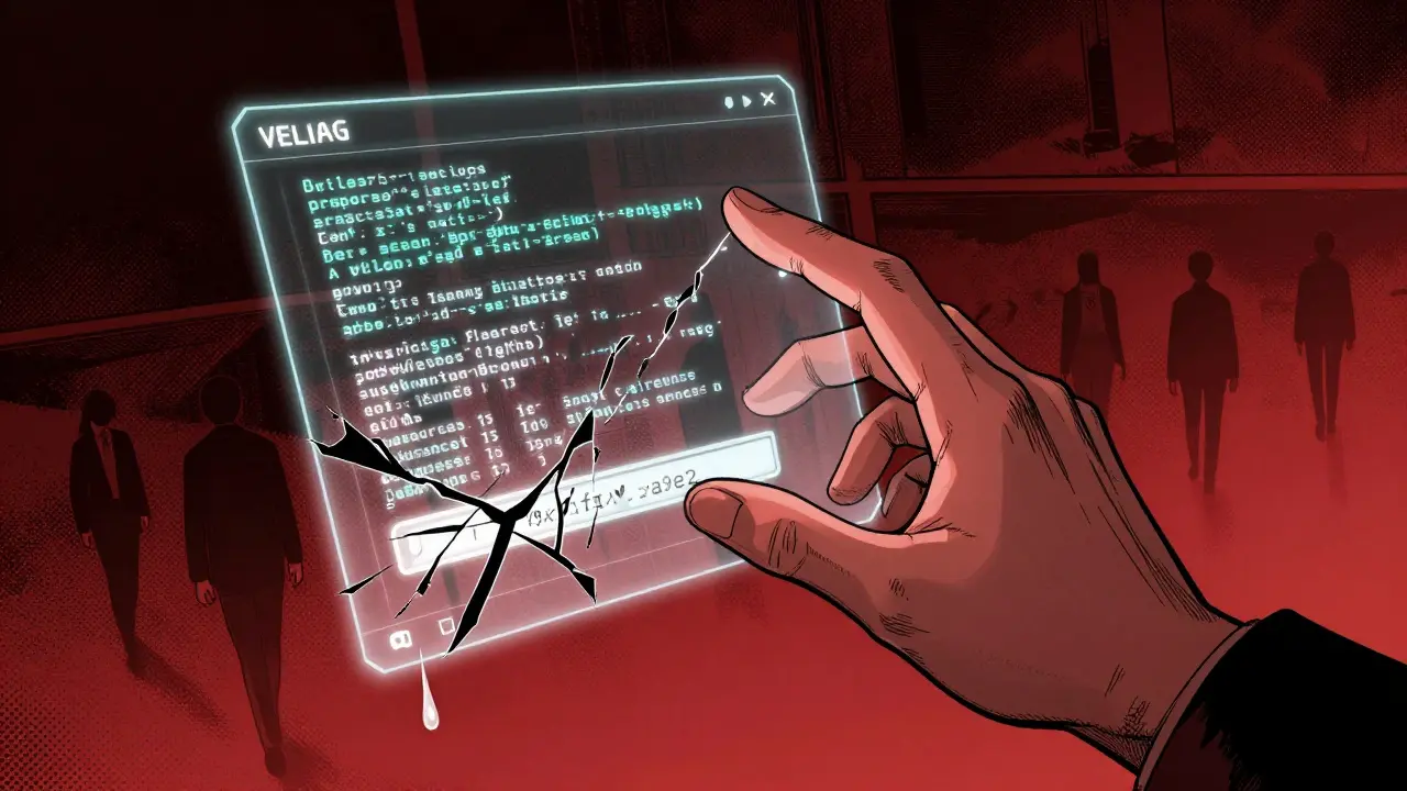 Hand reaching for a cracked smart contract on the Velas blockchain, ghostly users fading away in digital fog.
