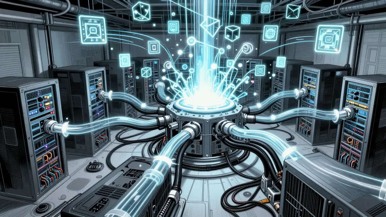 Industrial data center with visible power grid connections.