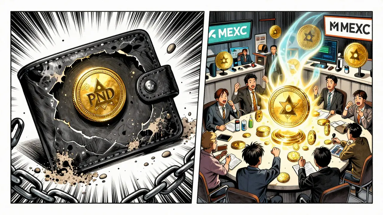Left panel: dead PND token in abandoned wallet. Right panel: vibrant PANDA tokens trading on MEXC exchange floor.