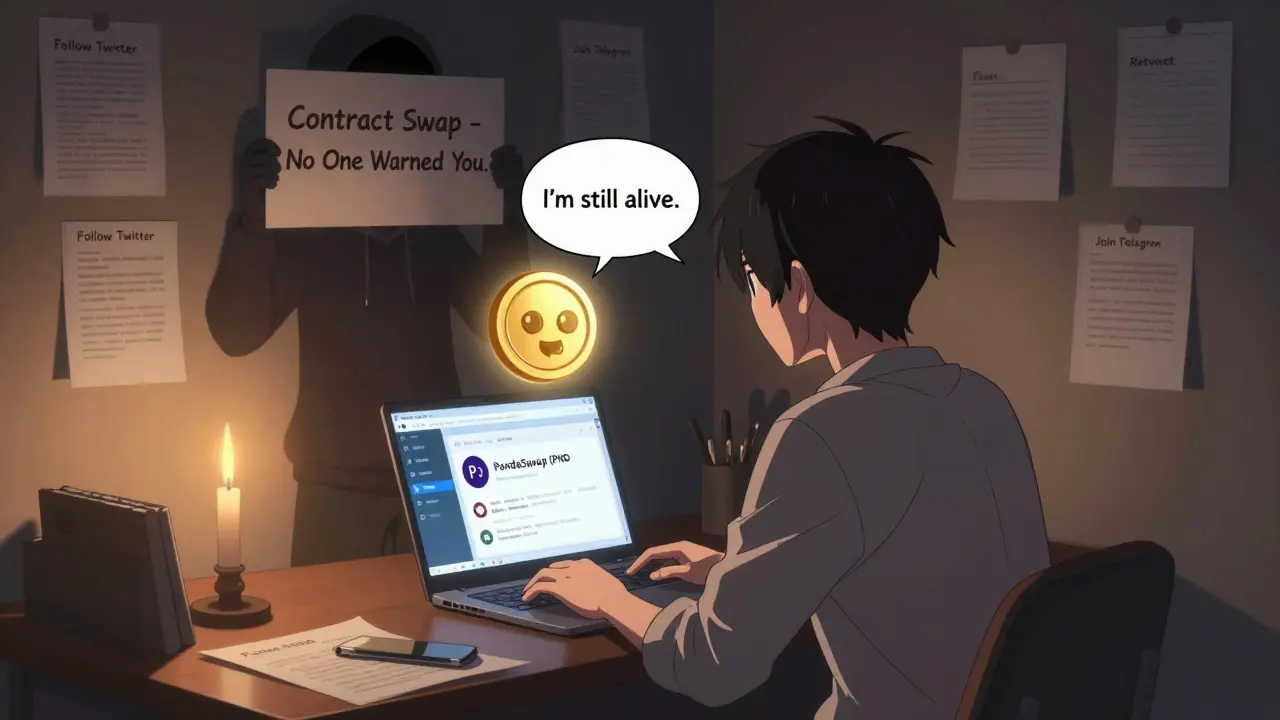 Lone person stares at a CoinMarketCap preview page while a glowing PANDA token whispers beside them.