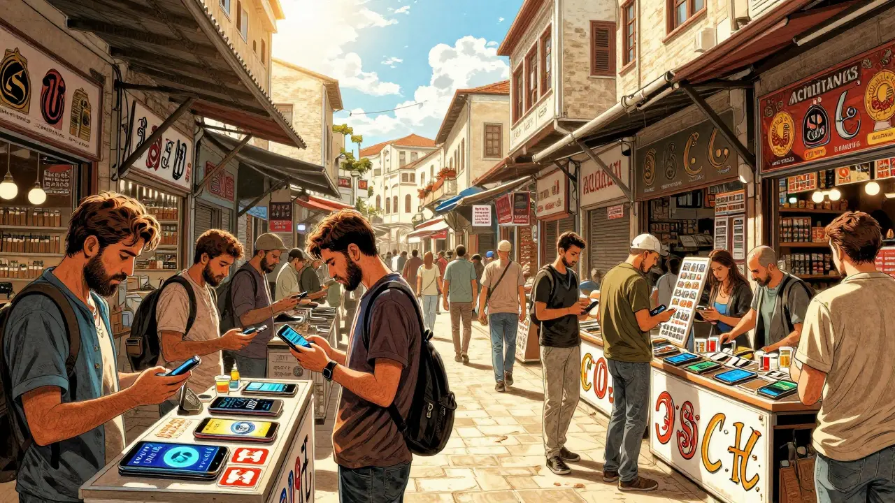 Marketplace shoppers with phones under bright sunlight sky.