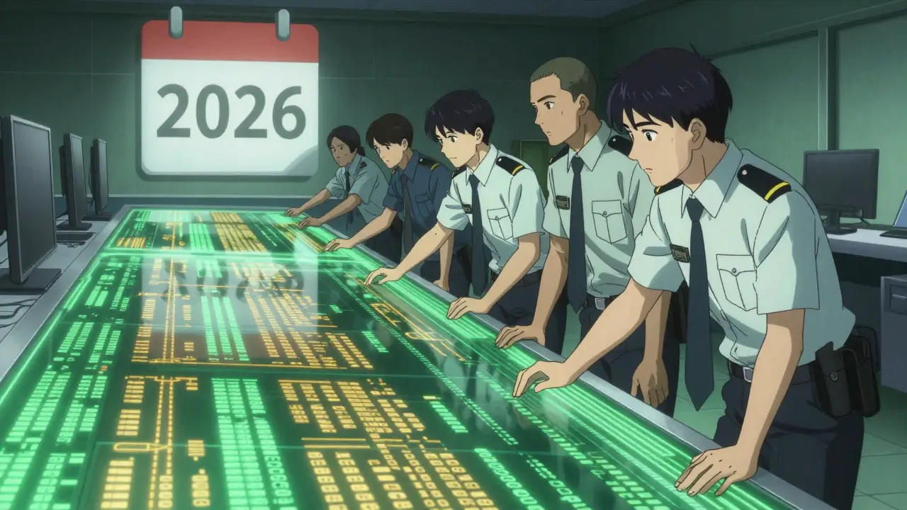 Officers examining holographic data tables in a tech office.